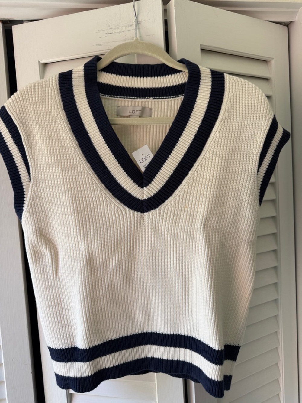 New With Tags LOFT Cream and Navy Striped V-Neck Sweater Vest - Sleeveless Knit